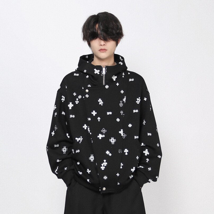 Cross Print Oversize Zipper Hoodie WN24440