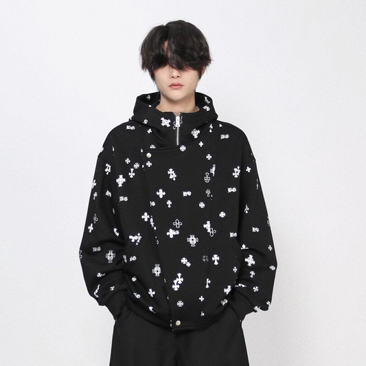 Cross Print Oversize Zipper Hoodie WN24440