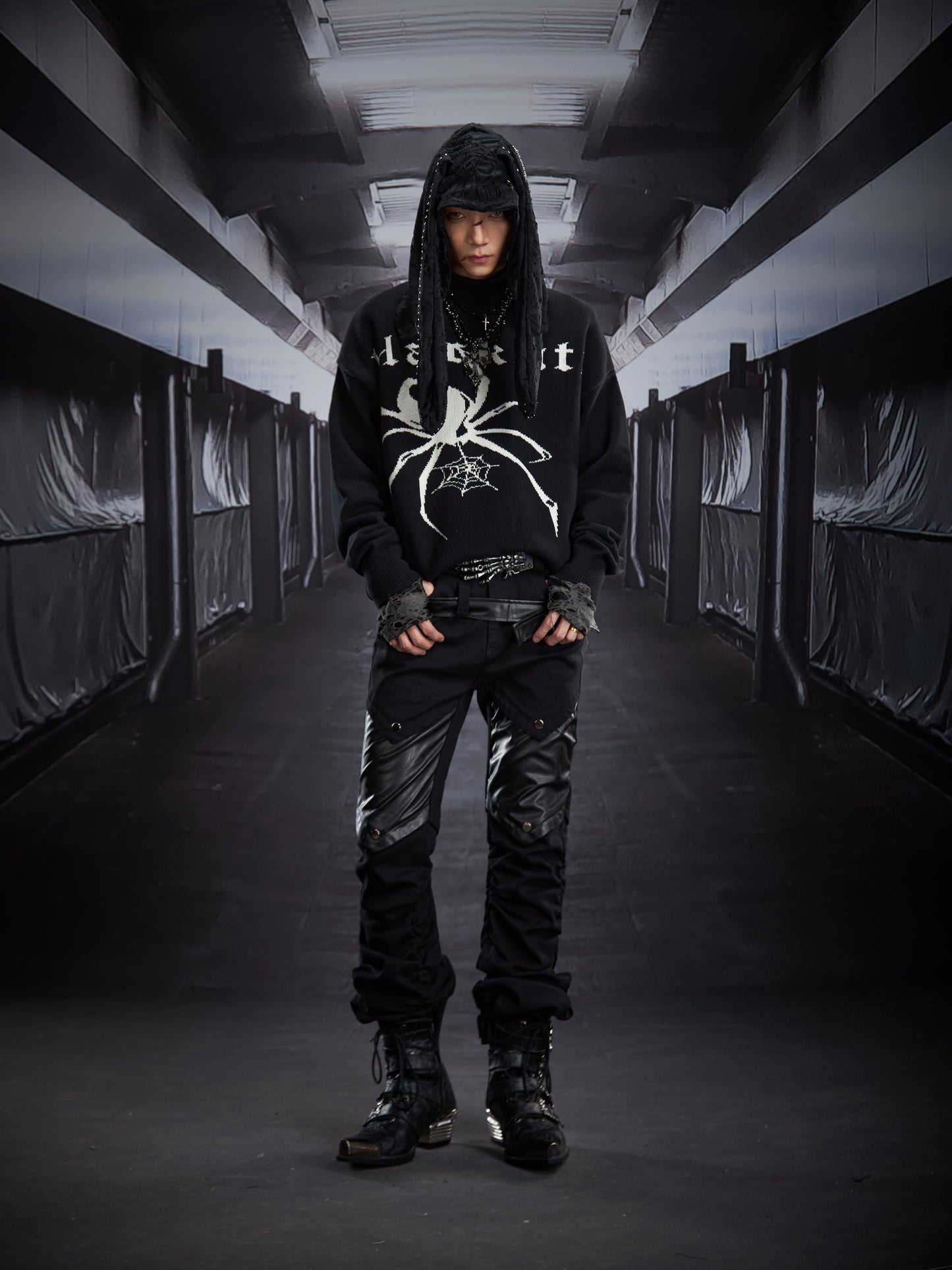 Metal Detail PU Leather Stretch Flare Denim Jeans WN22790