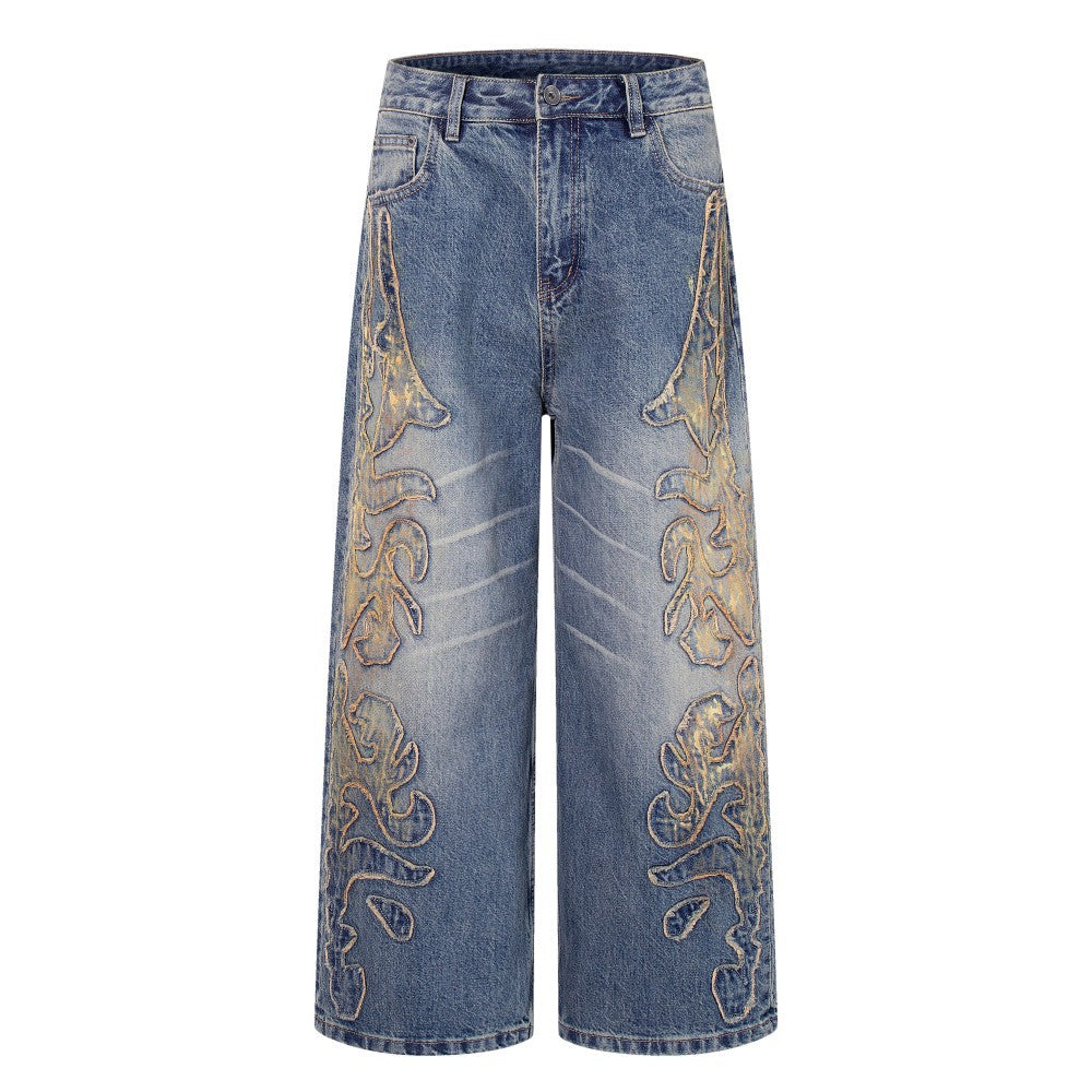 Frayed Applique Embroidery Washed Wide Leg Denim Jeans WN27833