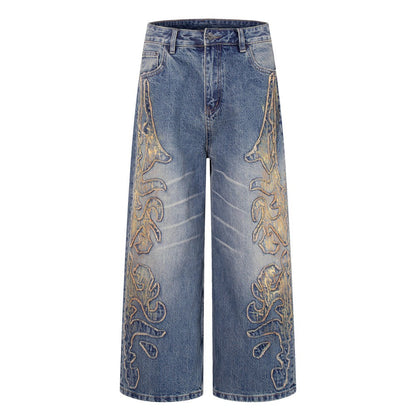 Frayed Applique Embroidery Washed Wide Leg Denim Jeans WN27833