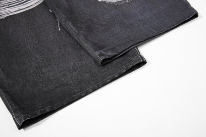 Star Damage Washed Wide Leg Denim Jeans WN25519
