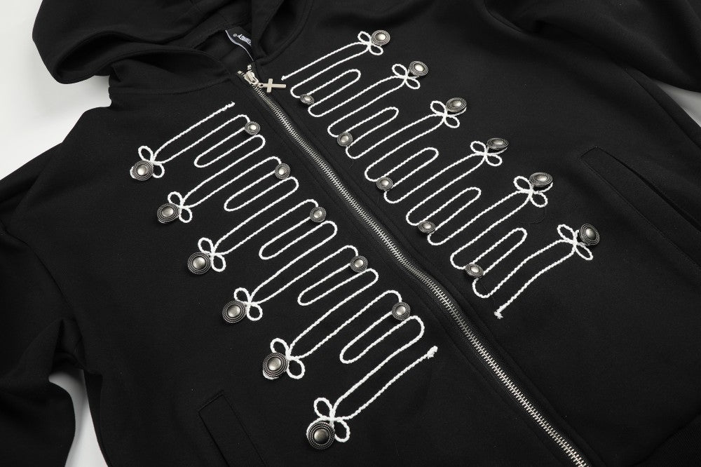 Knot Embroidery Metal Stud Cross Zipper Hoodie WN27796