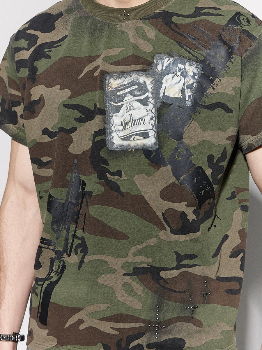 Cross Rhinestone Graphic Print Camouflage Short Sleeve T-Shirt WN17095