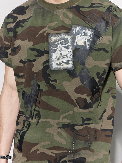Cross Rhinestone Graphic Print Camouflage Short Sleeve T-Shirt WN17095