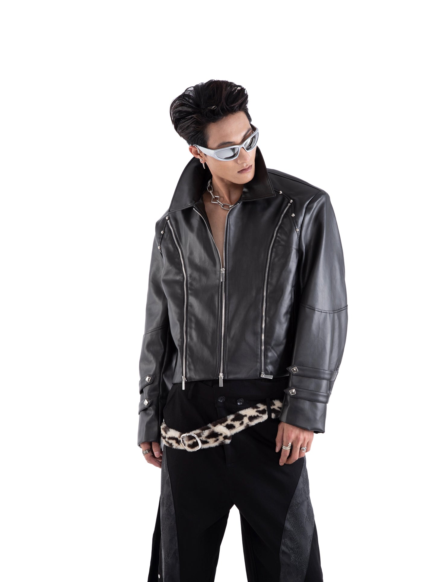 Rivet Multi-Zipper Shoulder-Pad Standing-Collar PU Leather Jacket WN20661
