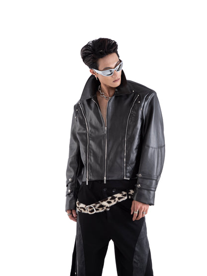 Rivet Multi-Zipper Shoulder-Pad Standing-Collar PU Leather Jacket WN20661
