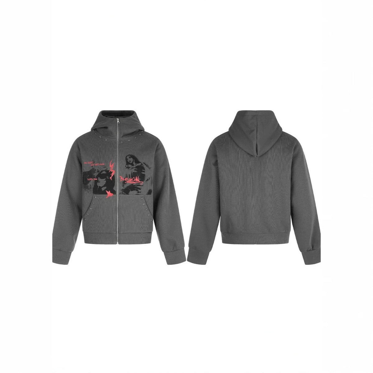 Graphic Print Studs Detail Cropped Zipper Hoodie WN28057