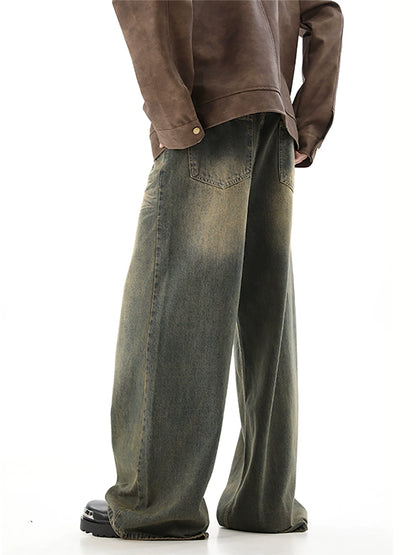 Yellow Mud Dyed Wash Wide-Leg Straight Denim Jeans WN10366