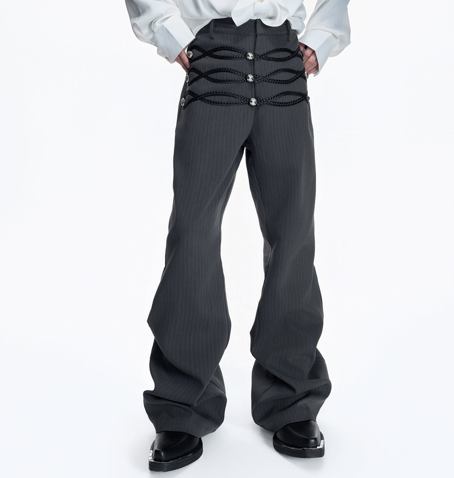 Leather Weave Metal Button Stripe Flare Trousers WN23556