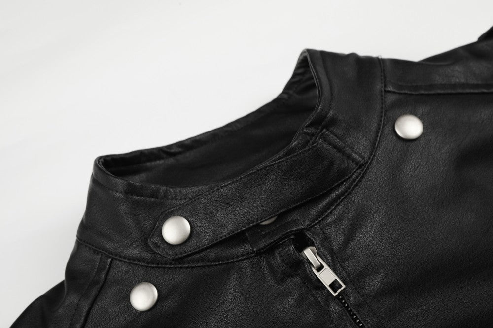 Stand Neck Double Studs Zipper PU Leather Jacket WN28068