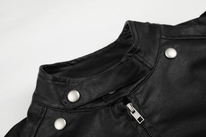 Stand Neck Double Studs Zipper PU Leather Jacket WN28068