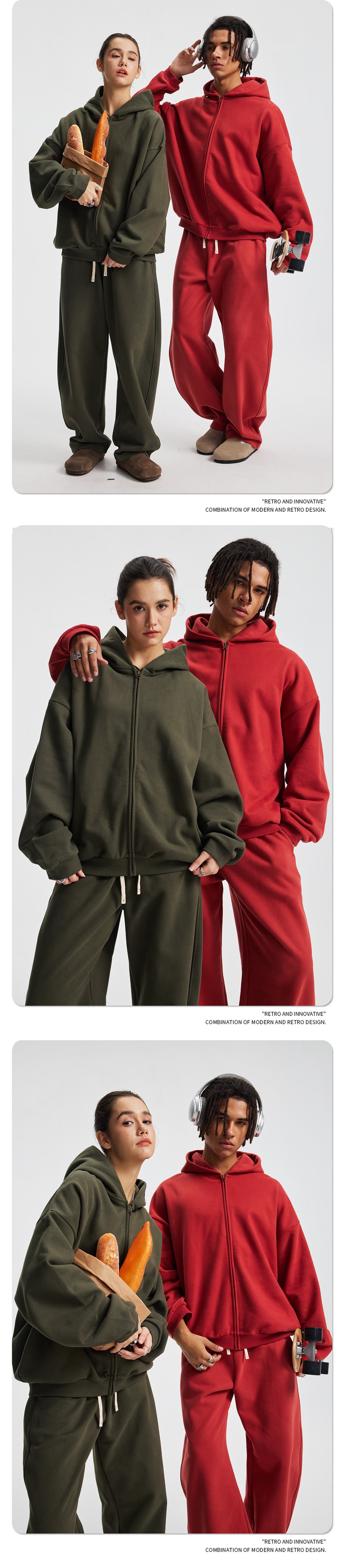 Fleece Lining Side Pocket Zipper Hoodie & Fleece Lining Wide Leg Sweatpants Setup WN23114