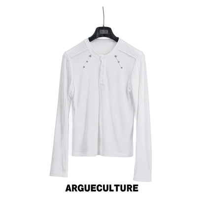 Henley Neck Rivet Stretch Long Sleeve T-Shirt WN27046