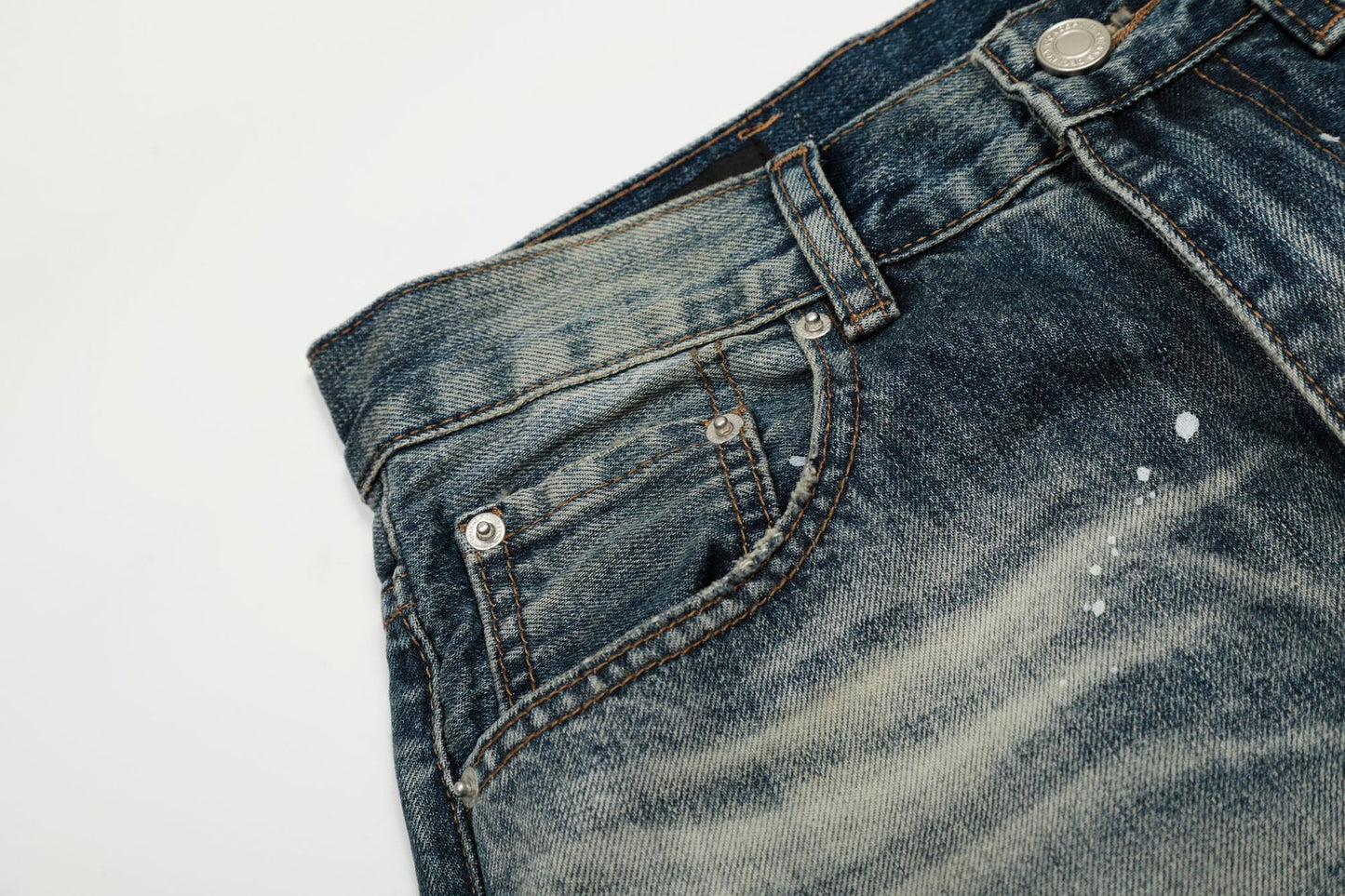 Washed Whisker Paint Splatter Curved Denim Jeans WN26141