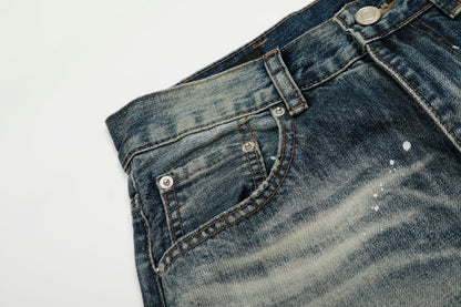 Washed Whisker Paint Splatter Curved Denim Jeans WN26141