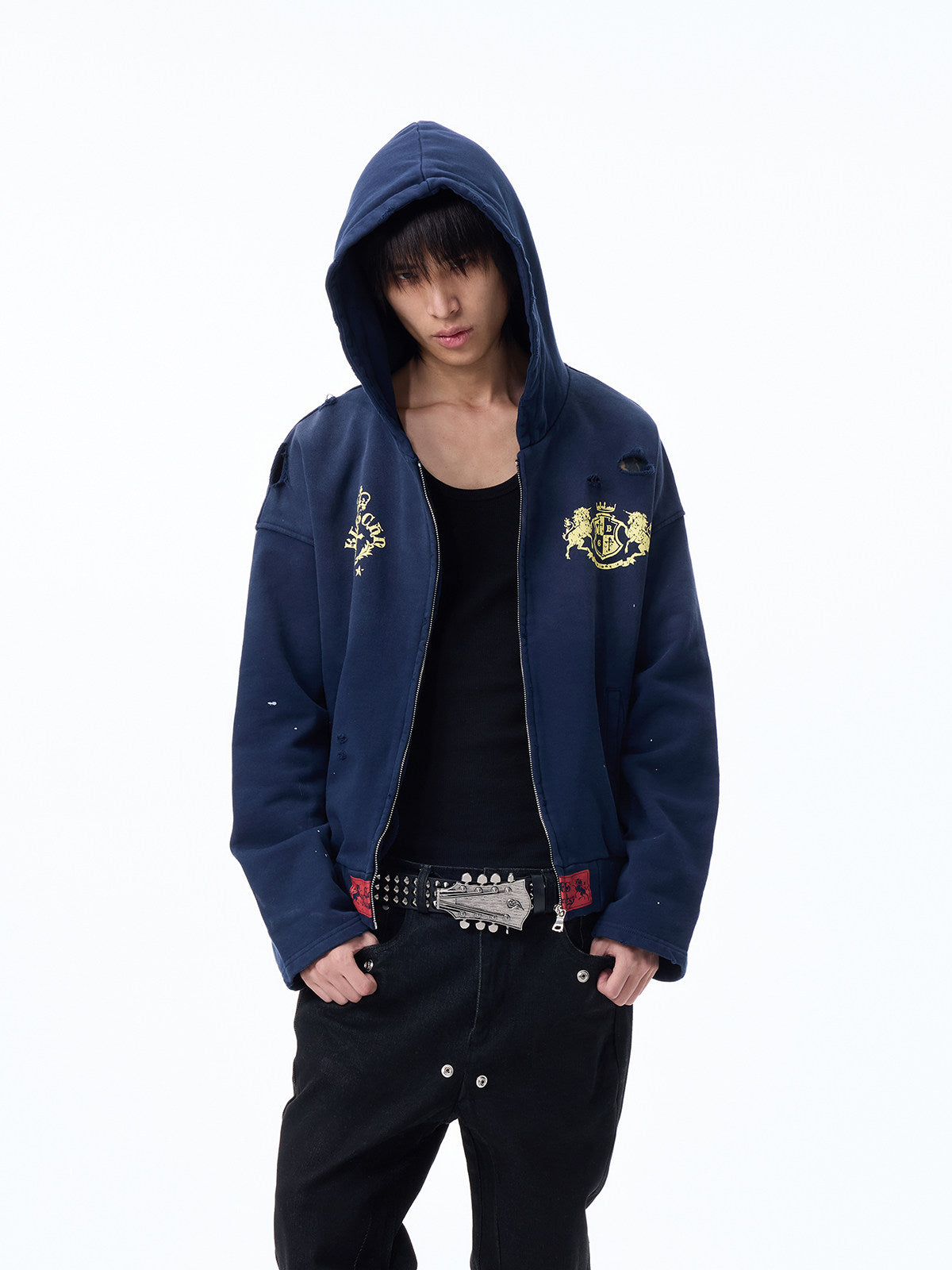 Washed Cutout Print Oversize Zipper Hoodie WN27320