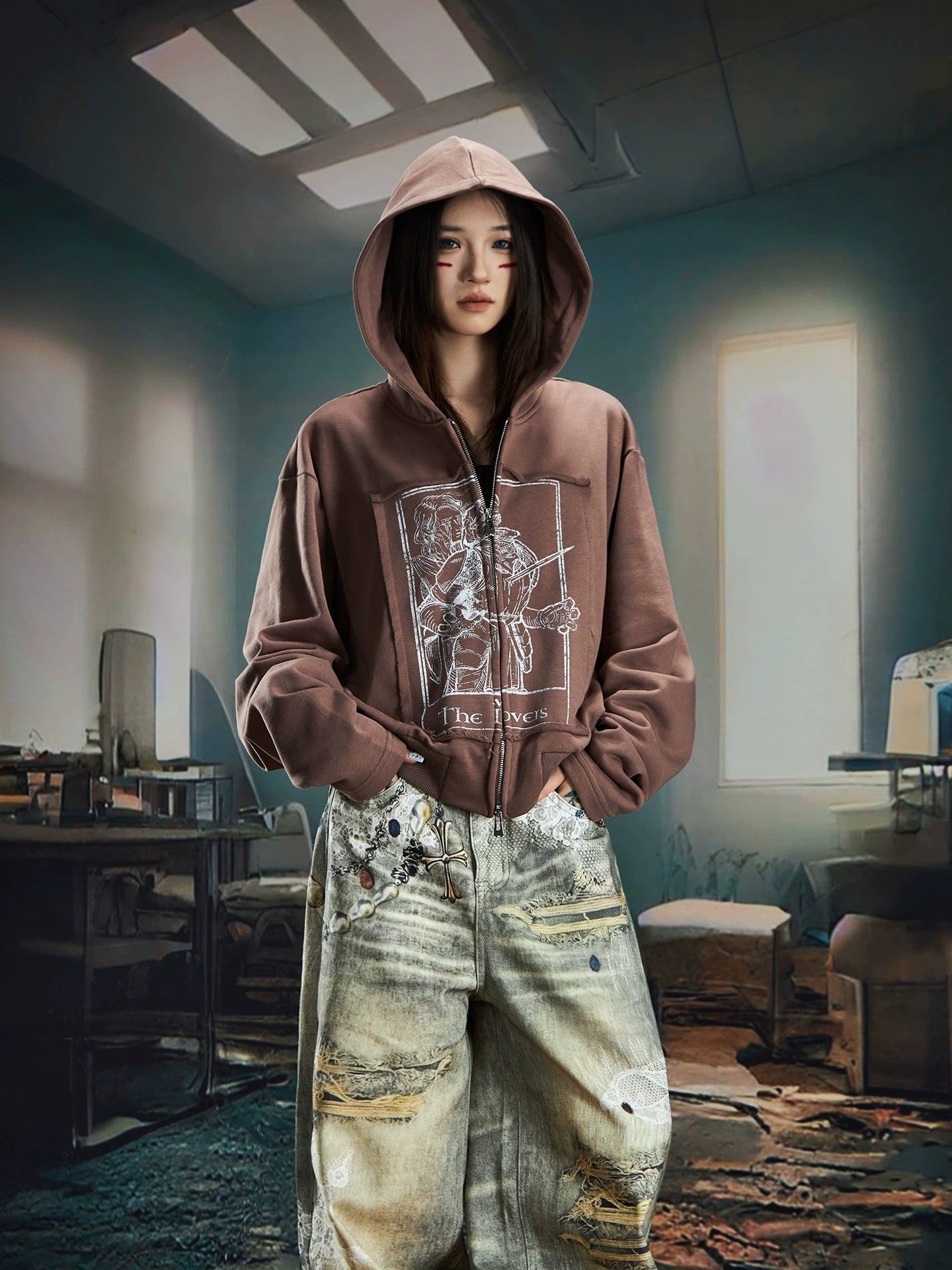 Print Short Slim Double Zipper Hoodie WN20577