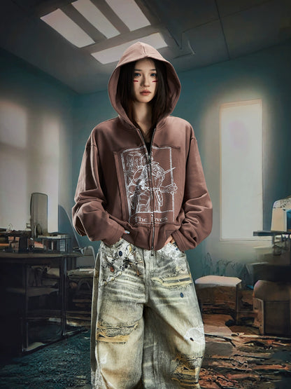 Print Short Slim Double Zipper Hoodie WN20577