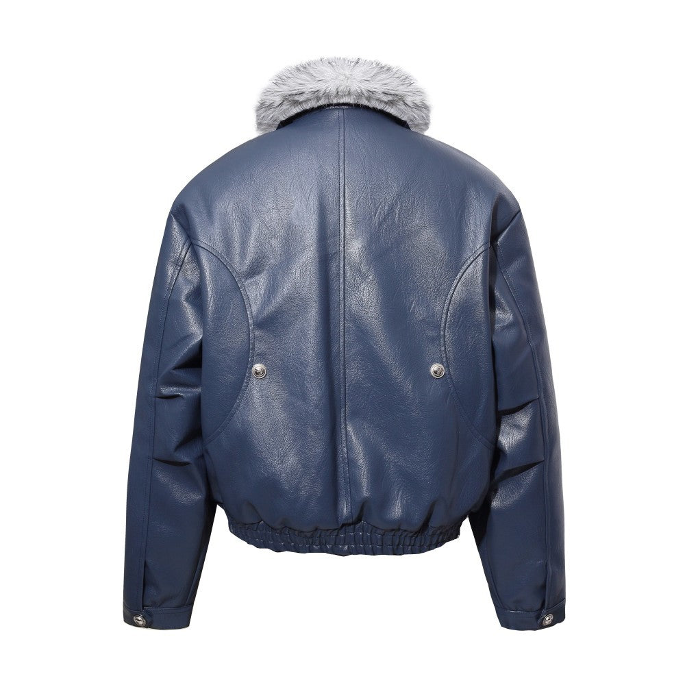 Fake Fur Collar Studs Detail PU Leather Jacket WN28095