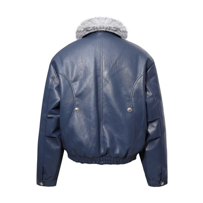 Fake Fur Collar Studs Detail PU Leather Jacket WN28095
