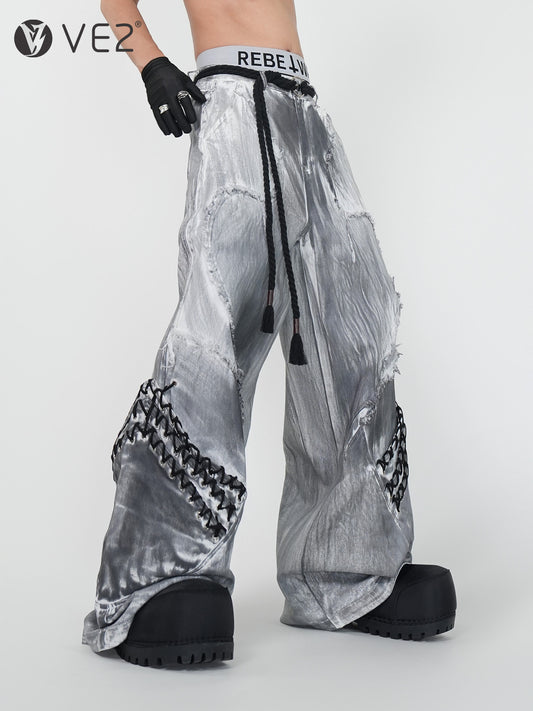 Dirty Wash Damage Drawstring Curved Flare Denim Jeans WN24148