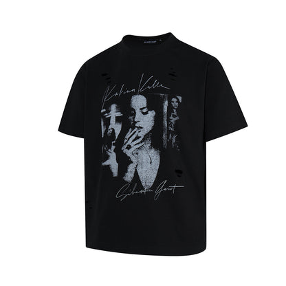 Damage Portrait Print Short Sleeve T-Shirt WN25495