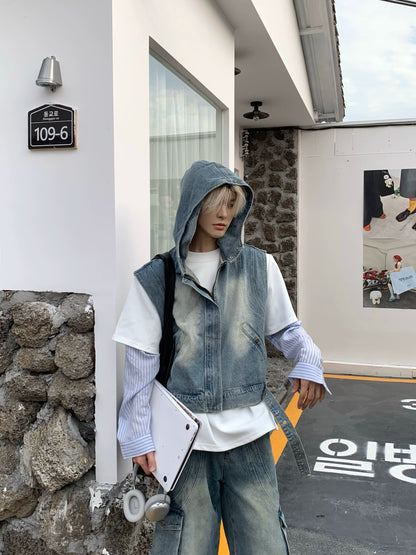 Washed Patchwork Hooded Denim Vest & Cargo Denim Jeans Setup WN19774