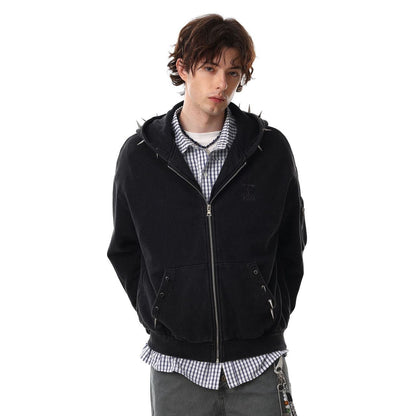 Heavyweight Rivet Washed Damage Zipper Hoodie WN25623