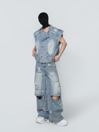 Damage Washed Sleeveless Denim Jacket & Cutout Wide Leg Denim Jeans Setup WN24303