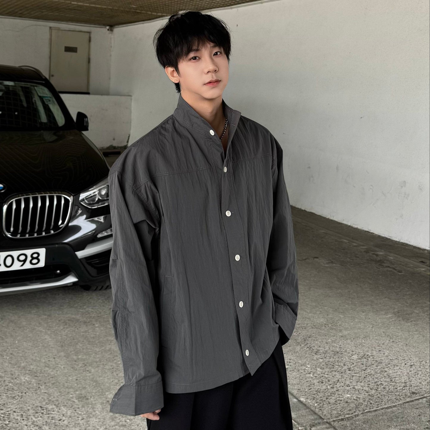 Wrinkle Standing-Collar Long Sleeve Shirt WN25361