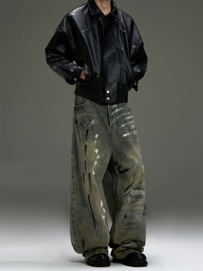 Heavyweight Graffiti Splashed Ink Design Wide Leg Straight Denim Jeans WN8444