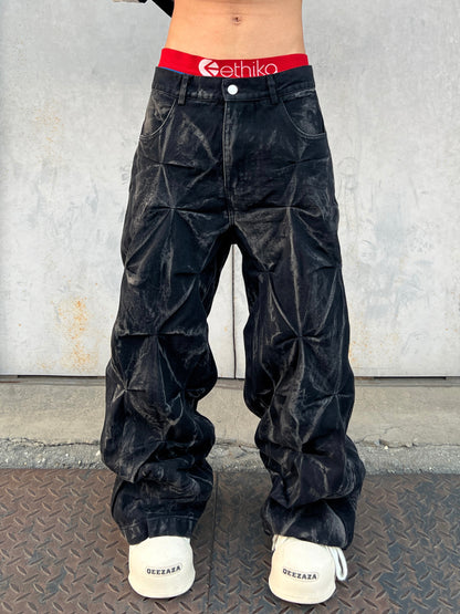 Wrinkle Texture Washed Wide Leg Denim Jeans WN24126
