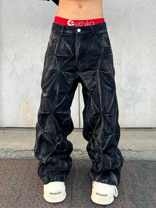 Wrinkle Texture Washed Wide Leg Denim Jeans WN24126