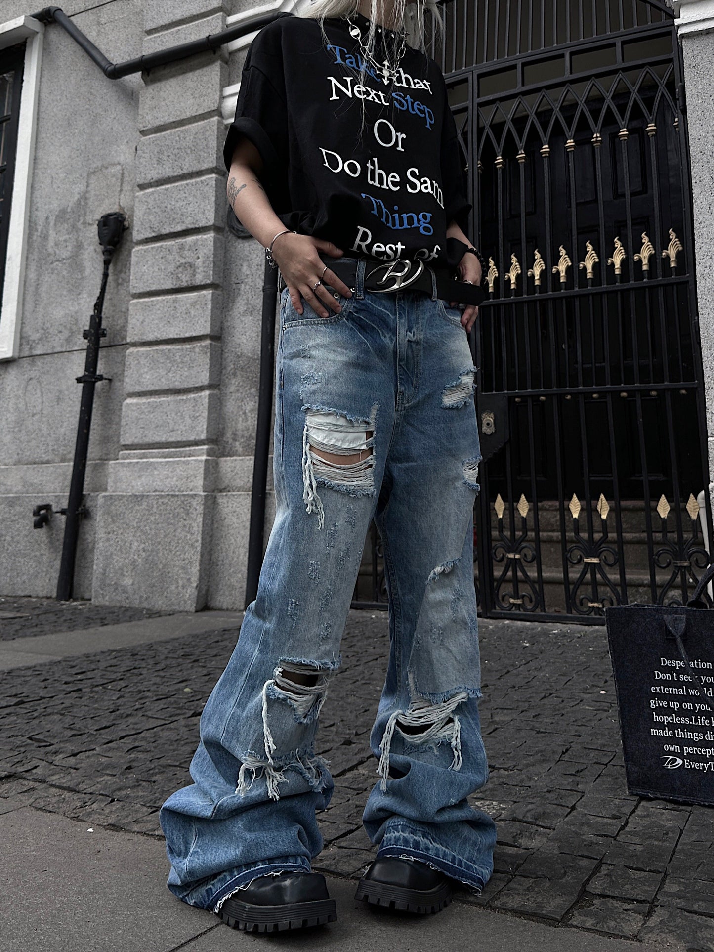 Cutout Damage Fringe Whisker Stacked Flare Denim Jeans WN24226