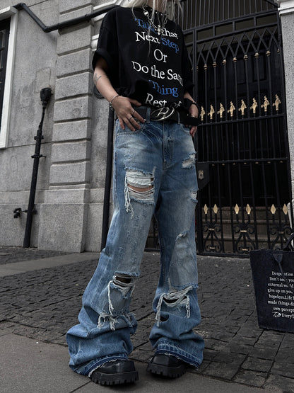 Cutout Damage Fringe Whisker Stacked Flare Denim Jeans WN24226