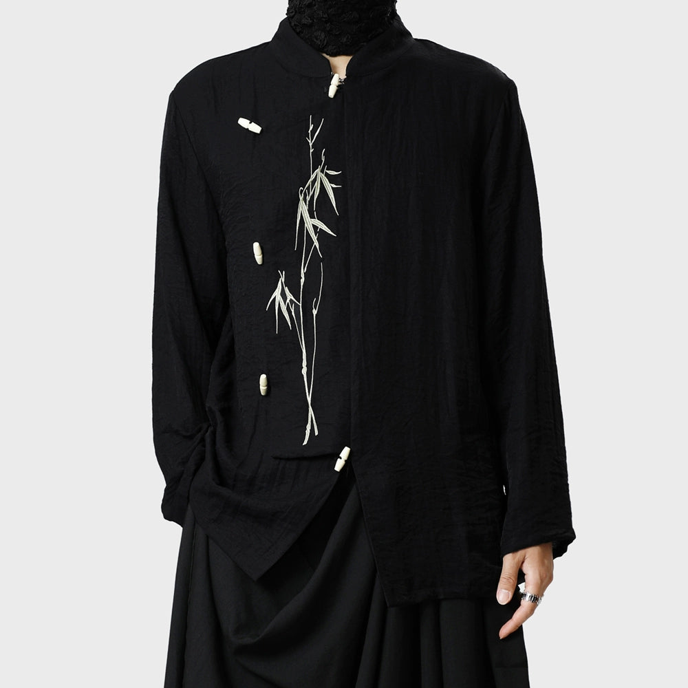 Standing-Collar Asymmetrical Embroidery Long Sleeve Shirt WN20153