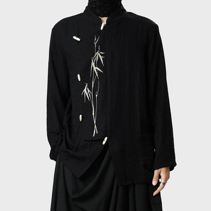 Standing-Collar Asymmetrical Embroidery Long Sleeve Shirt WN20153