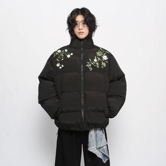 Thick Floral Embroidery Stand-Neck Puffer Jacket WN13146