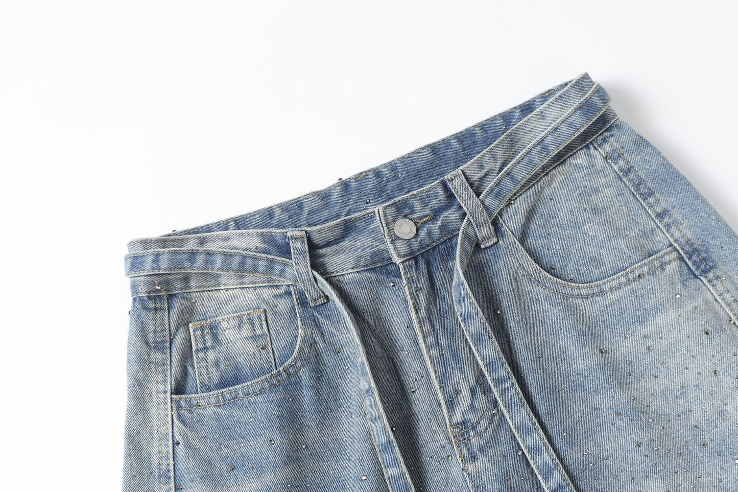 Rhinestone Drawstring Wide Leg Denim Jeans WN25560