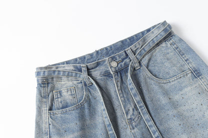 Rhinestone Drawstring Wide Leg Denim Jeans WN25560