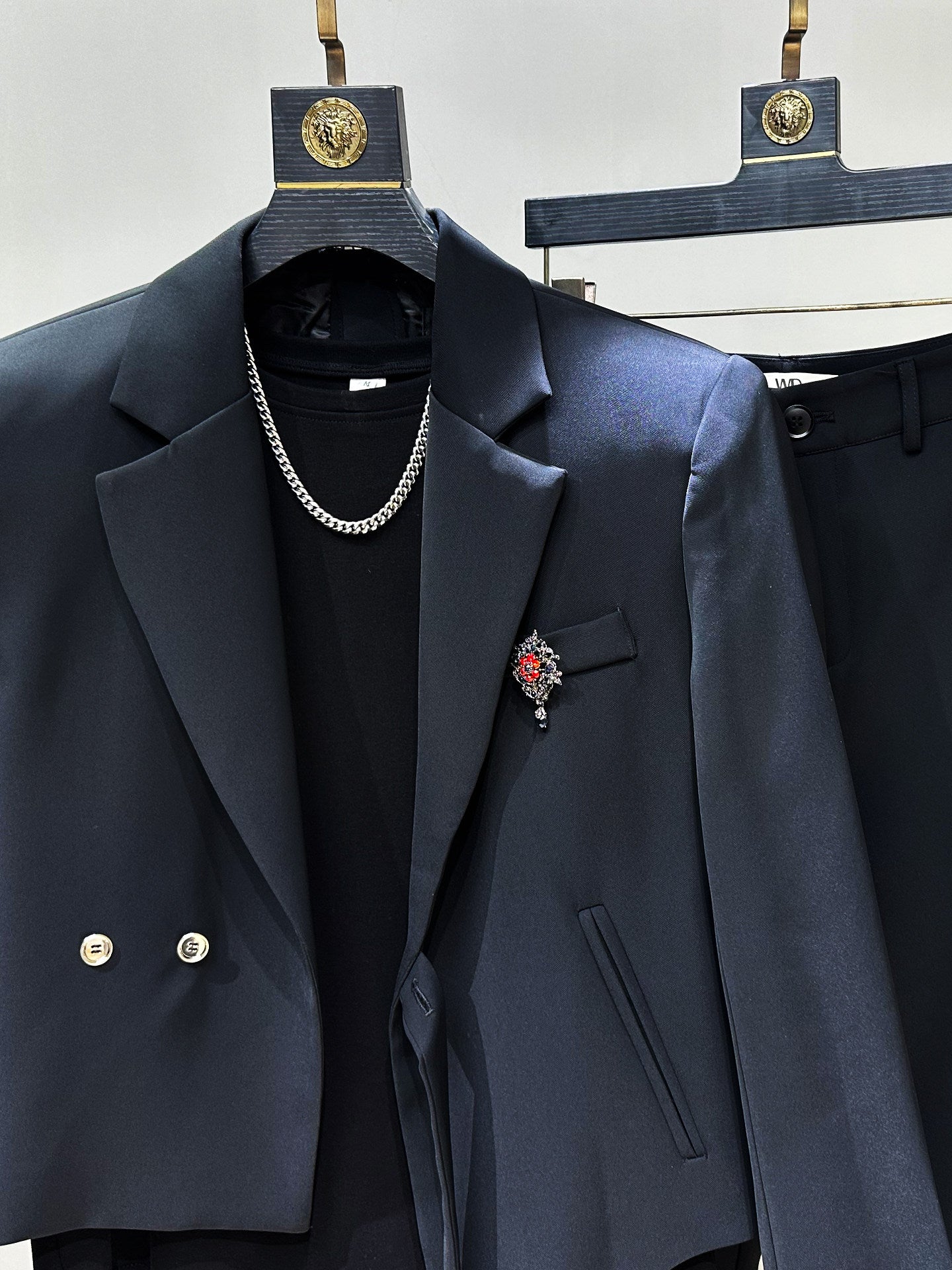 Asymmetric Short Shoulder-Pad Tailored Jacket & Flare Trousers Setup WN23848