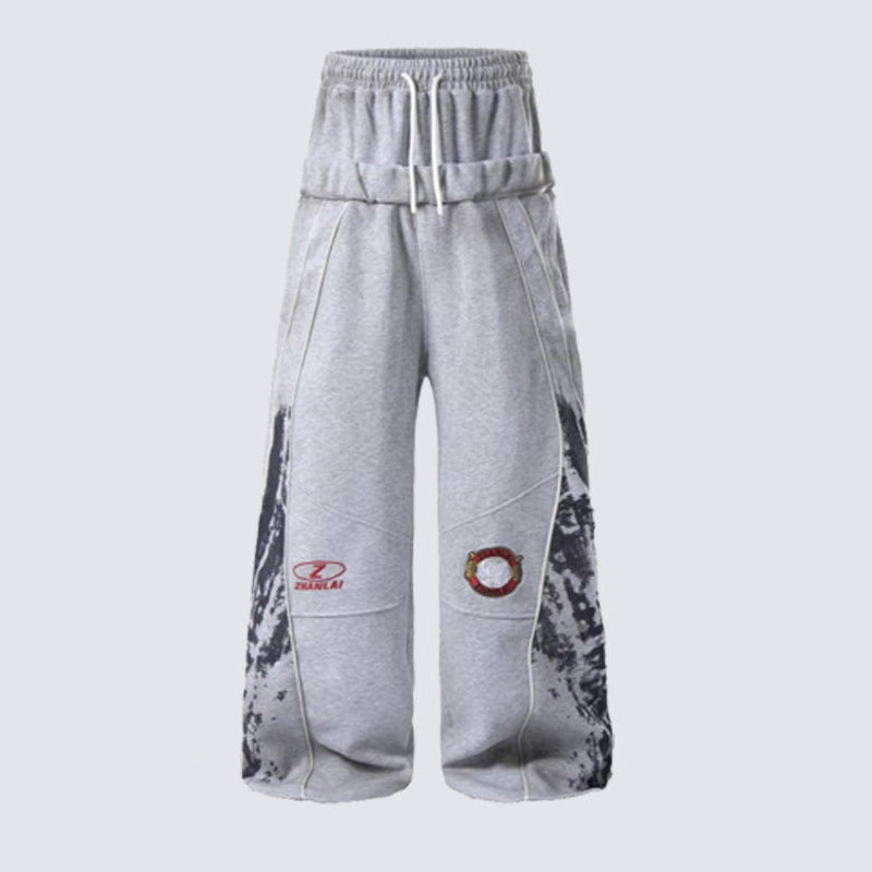 Double Waist Contrast Panel Embroidery Wide Leg Sweatpants WN28111