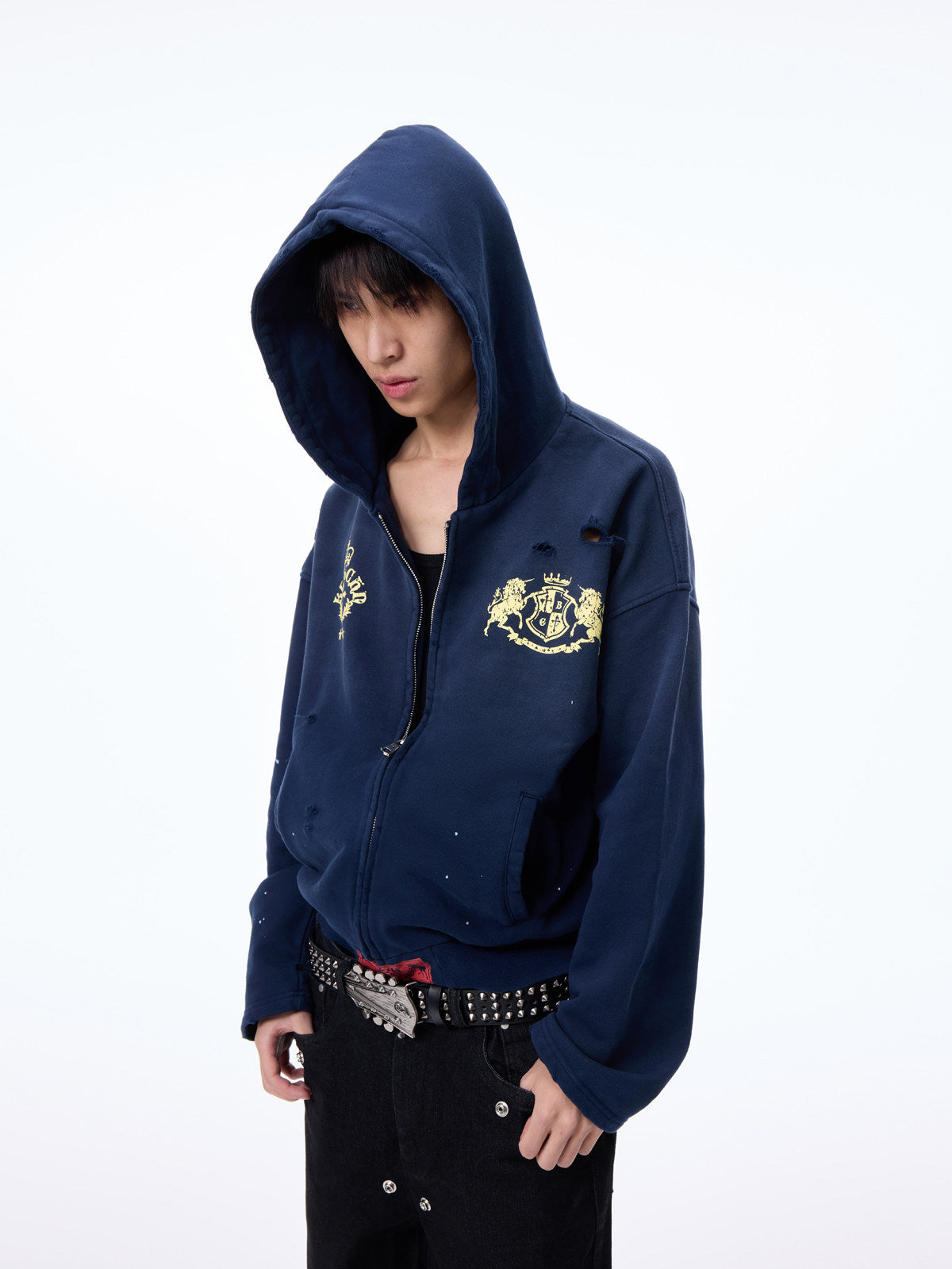 Washed Cutout Print Oversize Zipper Hoodie WN27320