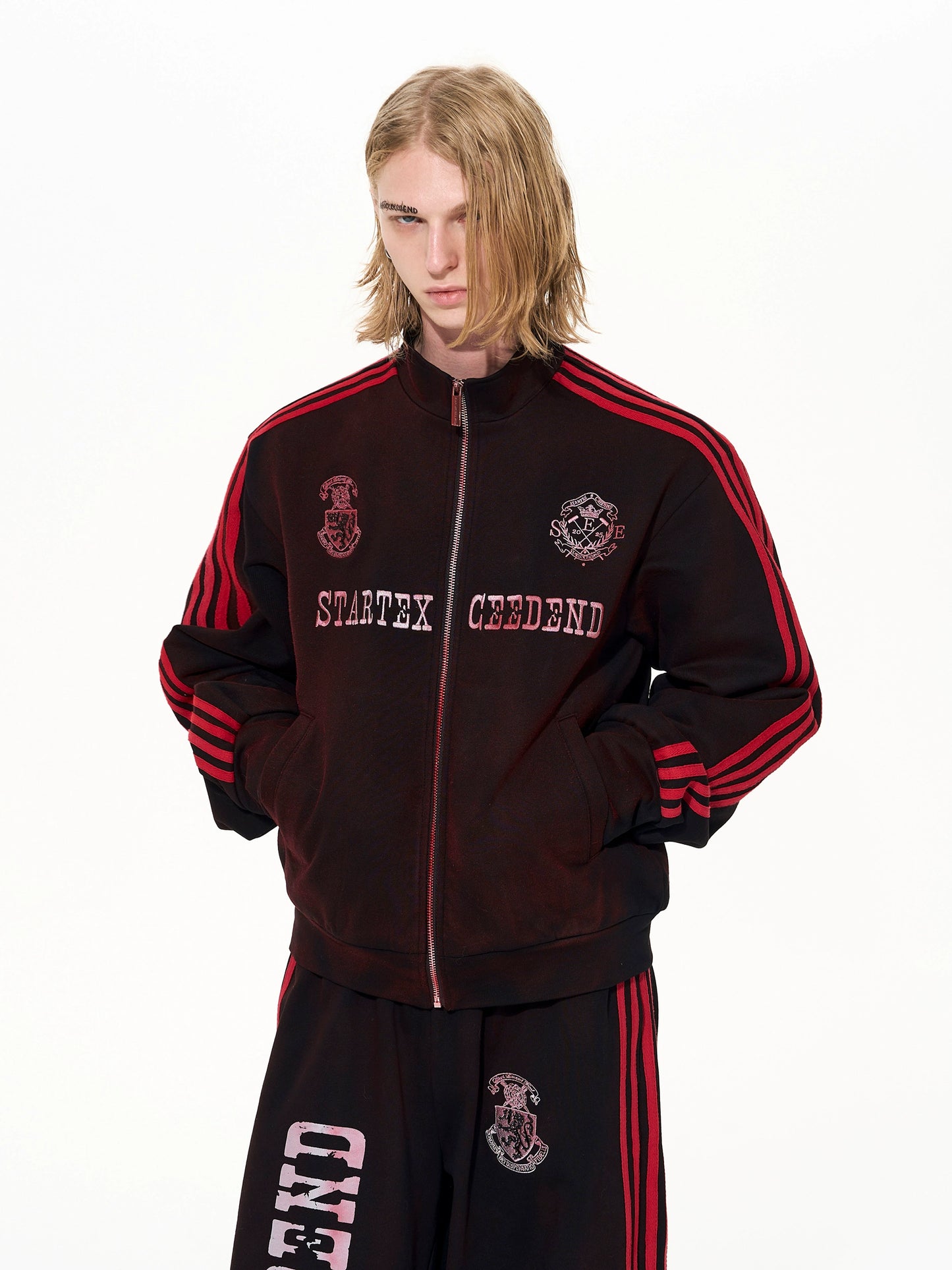 Damage Paint Stripe High-Neck Jacket & Paint Stripe Sporty Pants Setup WN22652