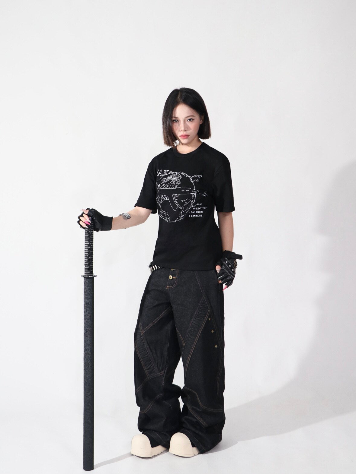 Contrast Stitch Baggy Denim Jeans WN24116