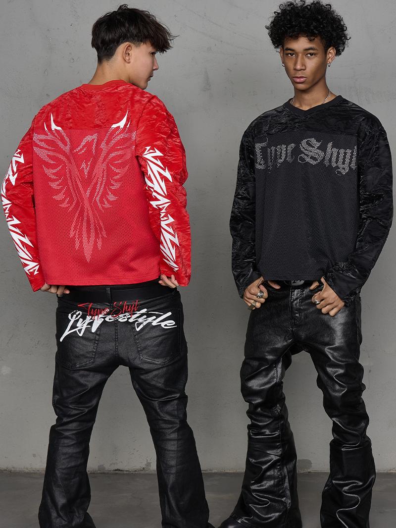 Velvet Texture Mesh Hollow Print Long Sleeve T-Shirt WN20988