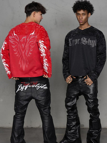 Velvet Texture Mesh Hollow Print Long Sleeve T-Shirt WN20988
