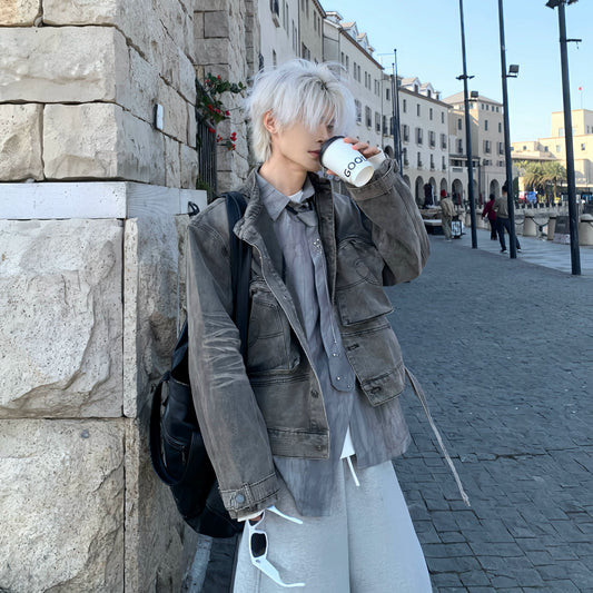 Large Pocket Button Shoulder-Pad Denim Jacket WN19930