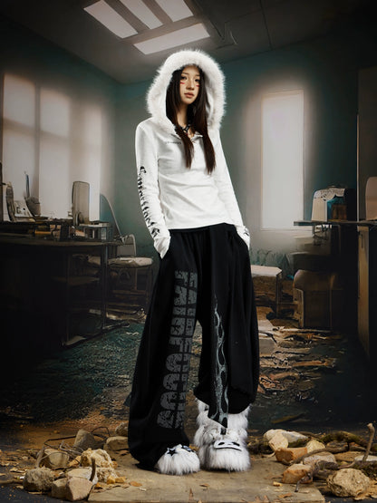 Letter Print Fake Fur Pullover Hoodie WN21375